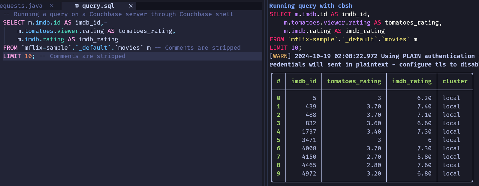 Preview of IDE (here Neovim) and couchbase shell query result running via a fish function