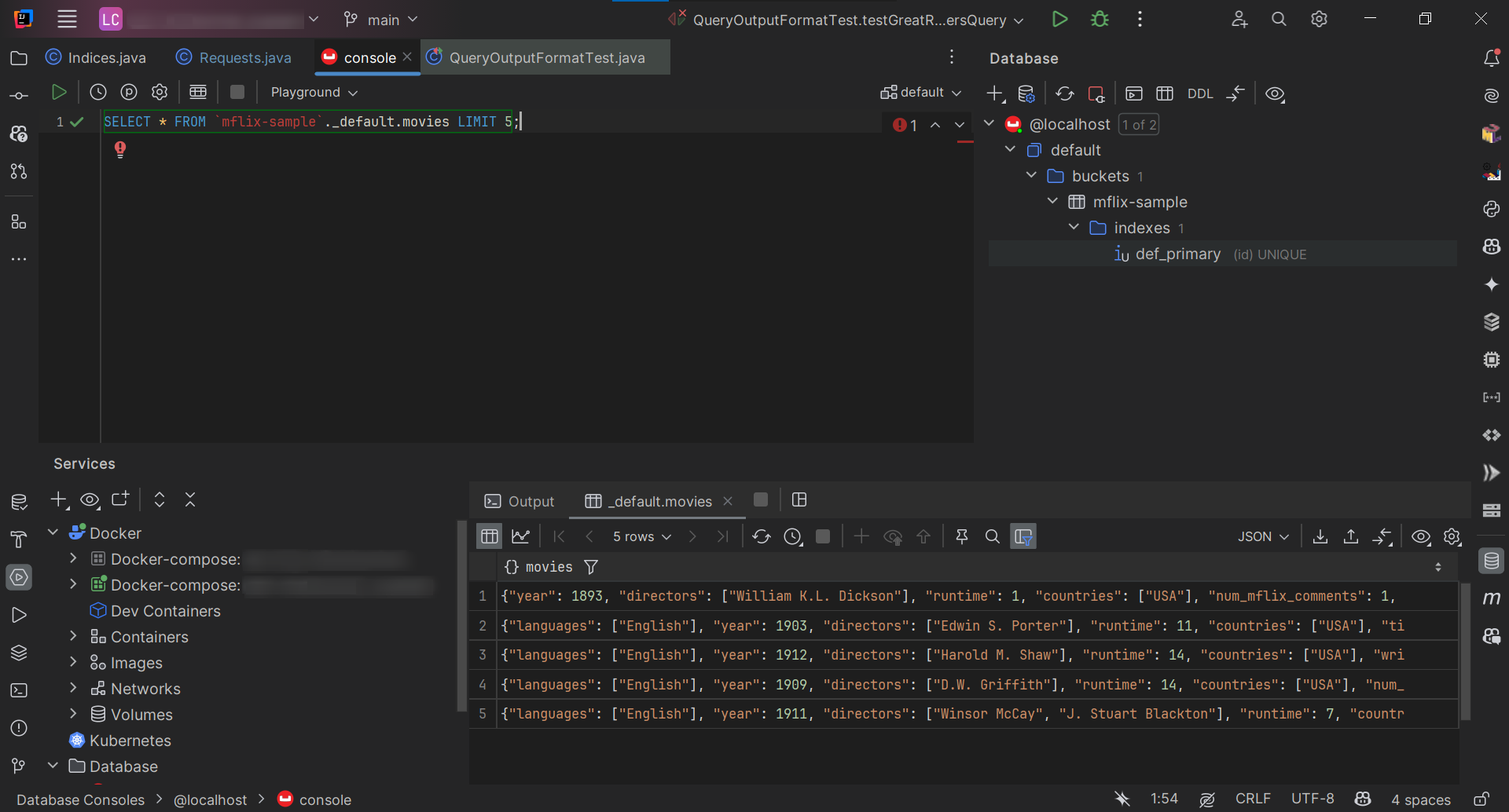 intellij screenshot with Couchbase query and query result