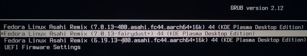 Fairydust kernel visible in the GRUB menu after installation