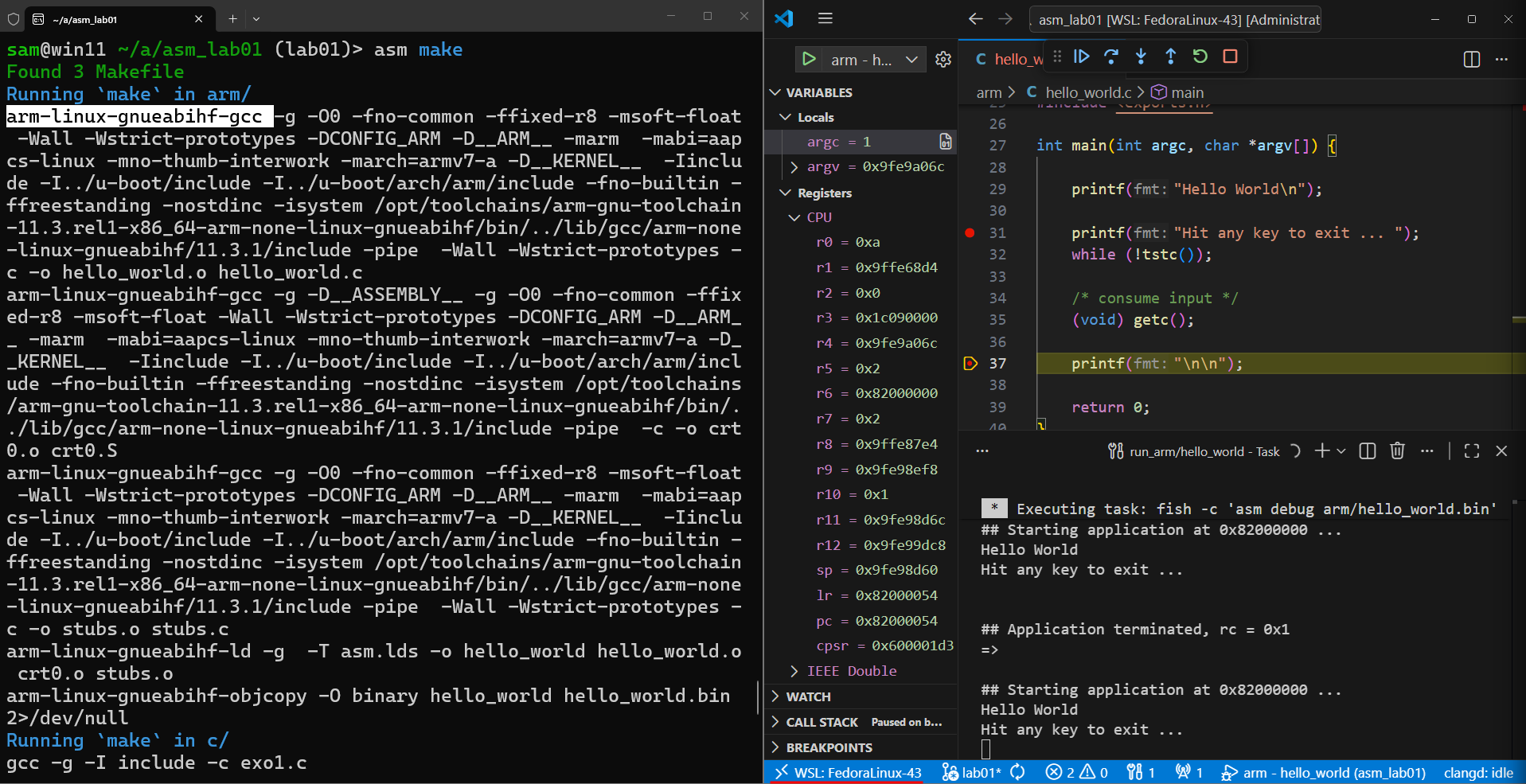 A terminal at left showing make commands with arm-linux-gnueabihf-gcc. VSCode running at right, connected into WSL